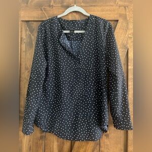 Ann Taylor Blue Long Sleeve Mandarin Collar Polka Dot Blouse